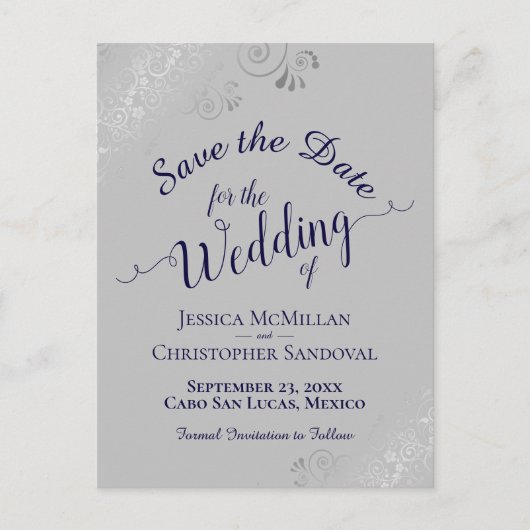 Silver Frills on Navy & Gray Wedding Save the Date 案内ポストカード (正面)