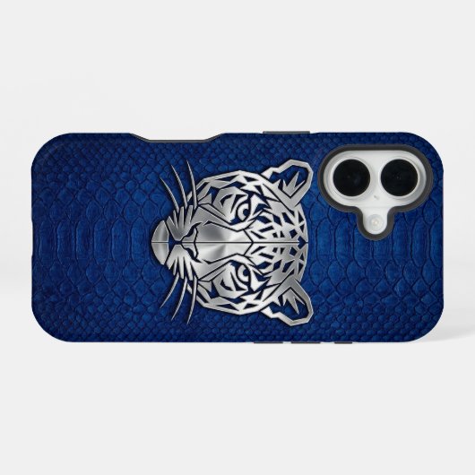 Silver Geometric Tiger Blue Snakeskin iPhone 16 16ケース (裏面横)