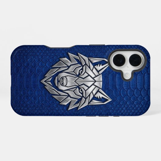 Silver Geometric Wolf Blue Snakeskin iPhone 16ケース (裏面横)