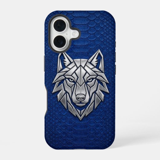 Silver Geometric Wolf Blue Snakeskin iPhone 16ケース (裏面)