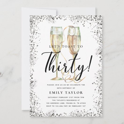 Silver Glitter 30th Birthday Party 招待状 (正面)