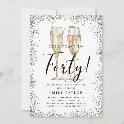 Silver Glitter 40th Birthday Party 招待状 (正面)