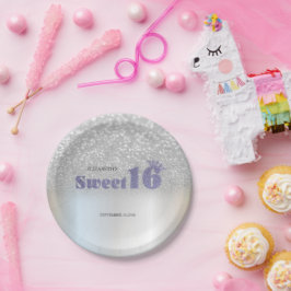 Silver Glitter Bokeh Sweet 16 Crown ペーパープレート