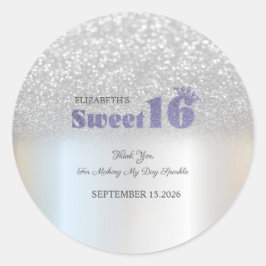 Silver Glitter Bokeh Sweet 16 Crown ラウンドシール
