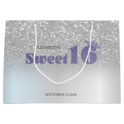 Silver Glitter Bokeh Sweet 16 Crown ラージペーパーバッグ (正面)