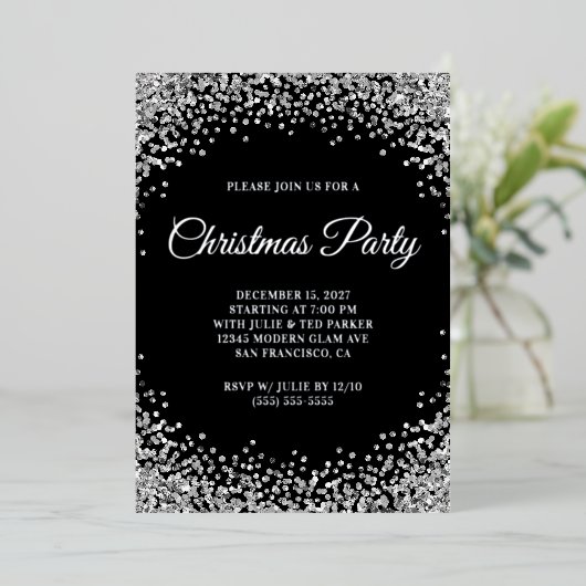 Silver Glitter Border Black Christmas Party 箔招待状 (立ち正面)