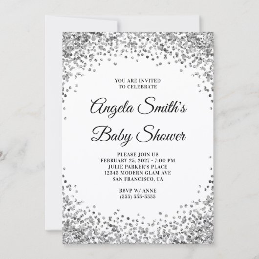 Silver Glitter Border White Baby Shower 招待状 (正面)