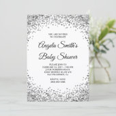 Silver Glitter Border White Baby Shower 招待状 (スタンド正面)