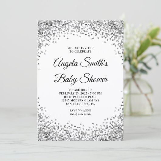 Silver Glitter Border White Baby Shower 招待状 (スタンド正面)