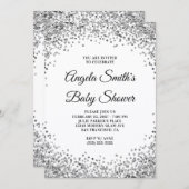 Silver Glitter Border White Baby Shower 招待状 (正面/裏面)