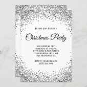Silver Glitter Border White Christmas Party 招待状 (正面/裏面)