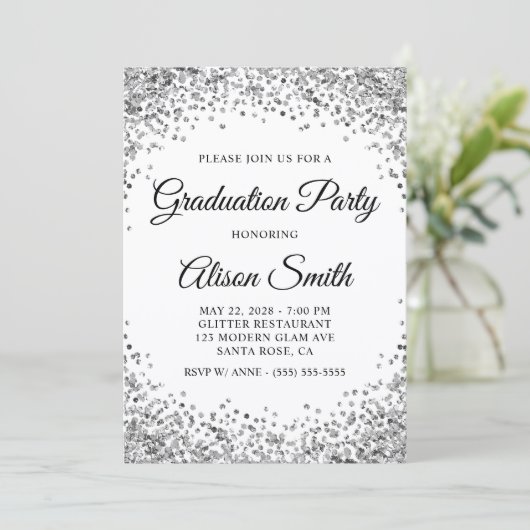 Silver Glitter Border White Graduation Party 招待状 (スタンド正面)