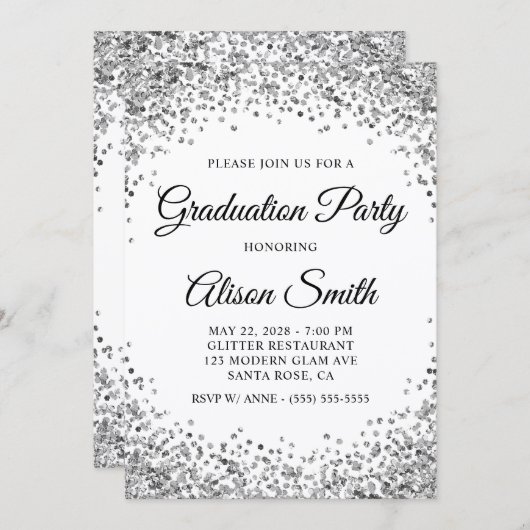 Silver Glitter Border White Graduation Party 招待状 (正面/裏面)