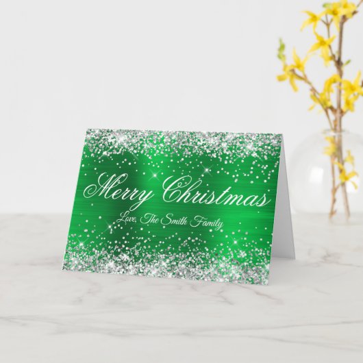Silver Glitter Bright Green Foil Merry Christmas カード (黄色い花)