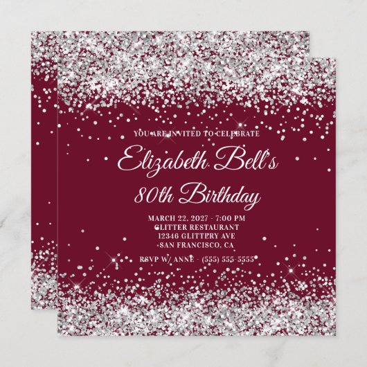 Silver Glitter Burgundy 80th Birthday 招待状 (正面/裏面)