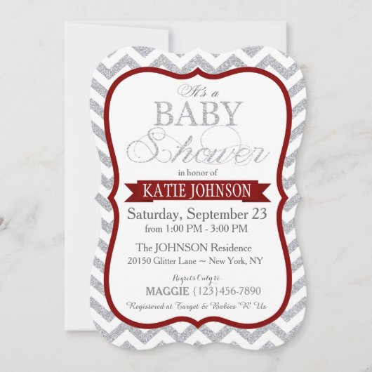 Silver Glitter Chevron Baby Shower Invitation Card 招待状 (正面)