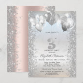 Silver Glitter Confetti Balloons 3rd Birthday 招待状 (正面/裏面)