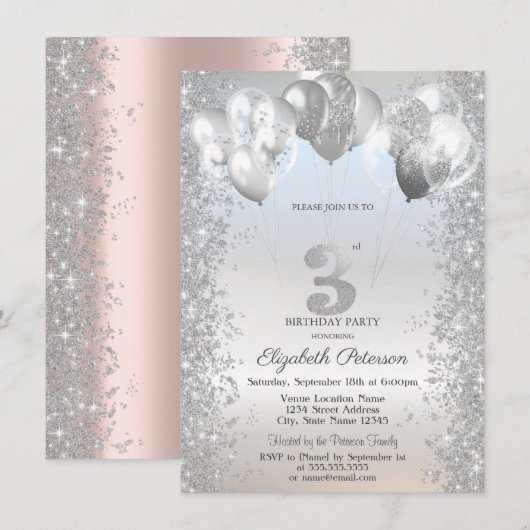 Silver Glitter Confetti Balloons 3rd Birthday 招待状 (正面/裏面)