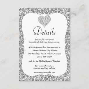 Silver Glitter Diamond Heart Wedding Details エンクロージャーカード