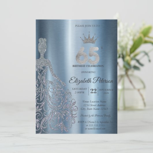 Silver Glitter Dress, Diamonds Blue 65th Birthday 招待状 (スタンド正面)