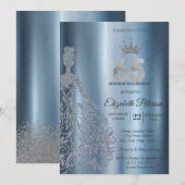Silver Glitter Dress, Diamonds Blue 65th Birthday 招待状 (正面/裏面)