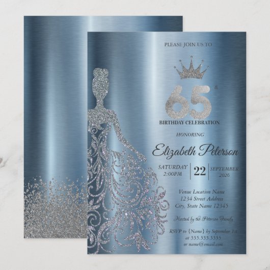 Silver Glitter Dress, Diamonds Blue 65th Birthday 招待状 (正面/裏面)