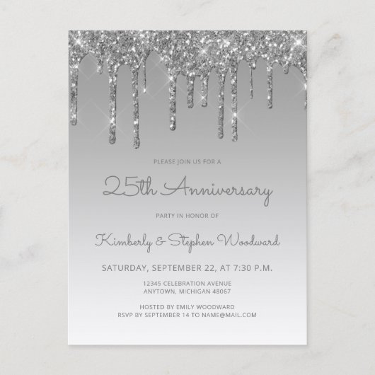 Silver Glitter Drip 25th Anniversary Invitation ポストカード (正面)