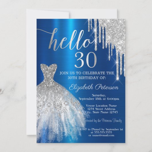 Silver Glitter Drip Dress Blue Metallic 30th  招待状 (正面)