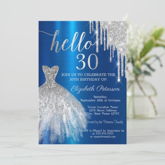 Silver Glitter Drip Dress Blue Metallic 30th 招待状 (スタンド正面)