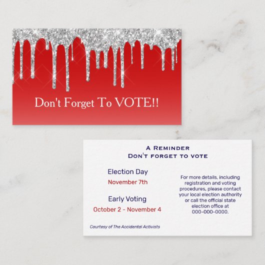 Silver Glitter Drip Red Background Vote Reminder 名刺 (正面/裏面)