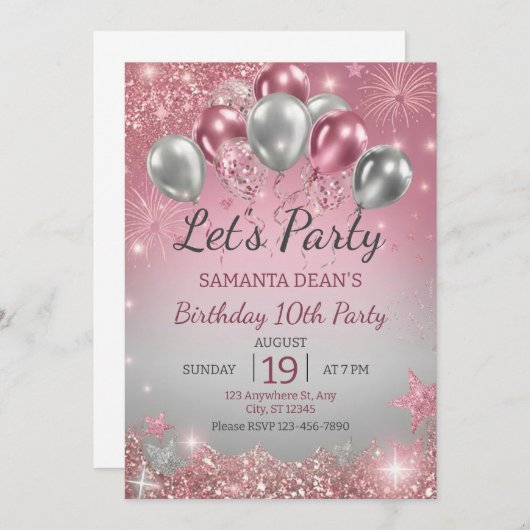 Silver Glitter Drips Balloons Birthday  招待状 (正面/裏面)