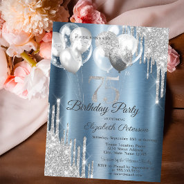 Silver Glitter Drips Balloons Blue Metallic 75th  招待状