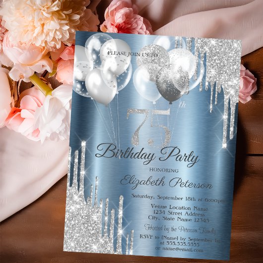 Silver Glitter Drips Balloons Blue Metallic 75th  招待状