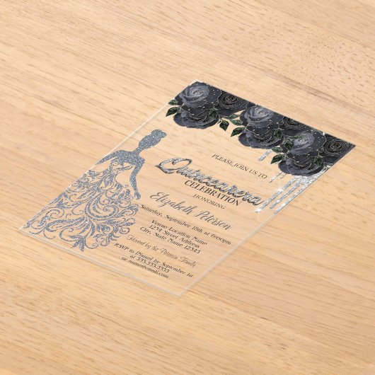 Silver Glitter Drips Black Roses Sweet 16 アクリル招待状 (レイダウン)