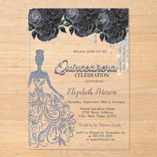 Silver Glitter Drips Black Roses Sweet 16 アクリル招待状 (正面)