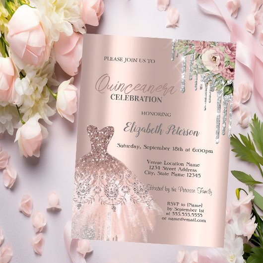 Silver Glitter Drips,Dress Flowers Quinceanera 招待状
