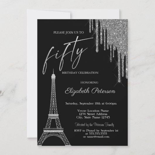 Silver Glitter Drips, Eiffel Tower 50t Birthday 招待状 (正面)
