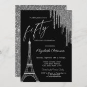 Silver Glitter Drips, Eiffel Tower 50t Birthday 招待状 (正面/裏面)
