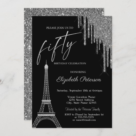 Silver Glitter Drips, Eiffel Tower 50t Birthday  招待状 (正面/裏面)