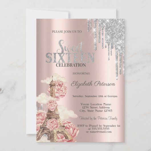 Silver Glitter Drips,Eiffel Tower Peonies Sweet 16 招待状 (正面)