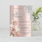 Silver Glitter Drips,Eiffel Tower Peonies Sweet 16 招待状 (スタンド正面)