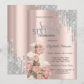 Silver Glitter Drips,Eiffel Tower Peonies Sweet 16 招待状 (正面/裏面)
