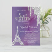 Silver Glitter Drips Eiffel Tower Violet Sweet 16 招待状 (スタンド正面)