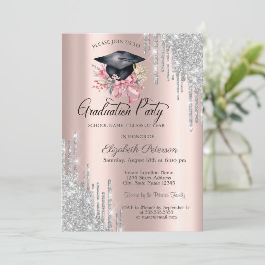 Silver Glitter Drips Floral Grad Cap Rose Gold 招待状 (スタンド正面)
