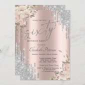 Silver Glitter Drips Flowers Rose Gold 60th  招待状 (正面/裏面)