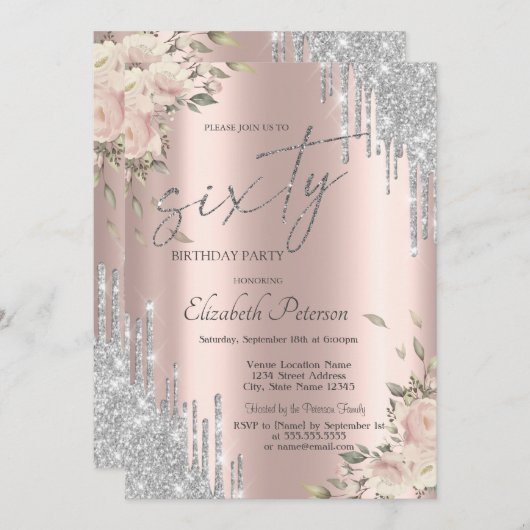 Silver Glitter Drips Flowers Rose Gold 60th  招待状 (正面/裏面)