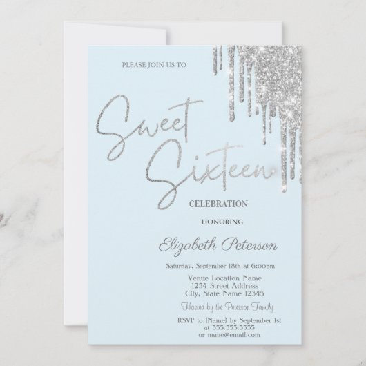 Silver Glitter Drips Light Blue Simple Sweet 16 招待状 (正面)