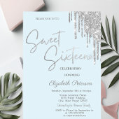 Silver Glitter Drips Light Blue Simple Sweet 16 招待状