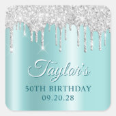Silver Glitter Drips Light Turquoise Drop Shadow スクエアシール (正面)
