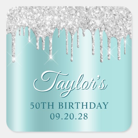 Silver Glitter Drips Light Turquoise Drop Shadow スクエアシール (正面)